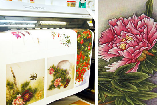 Текстура 'Лен'. Печать цветочных орнаментов - орхидеи, пионы, розы