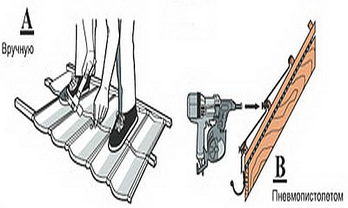 Фото 11 – Монтаж черепицы А – вручную, В - пневмопитолетом