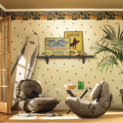 Детские обои York, коллекция Candice Olson, обои Bamboo Curtain, обои Palm Tree Spot, бордюр Surf's Up Border