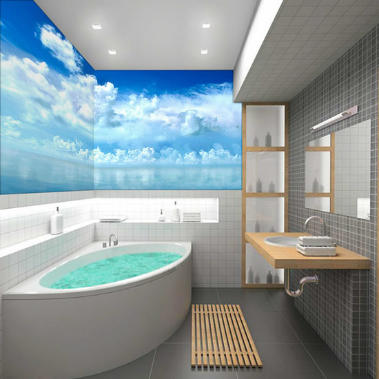 Для ванной можно и небо купить. В сочетании с белым цветом такая отделка выглядеть будет потрясающе!