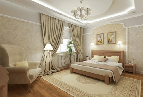 Белый матовый натяжной потолок с подсветкой в спальне