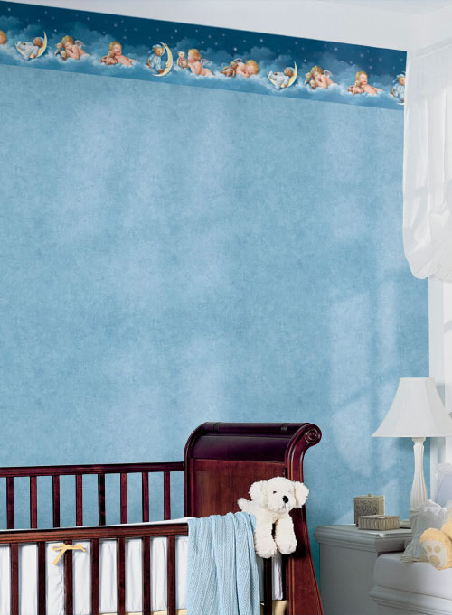 Детские обои York, коллекция York Kids, обои Crackle и бордюр Sleeping Cherubi On The Moon