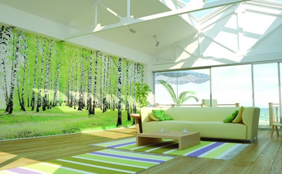 Фотообои в интерьере гостиной (стиль минимализм). Для большого изображения - больше пространства