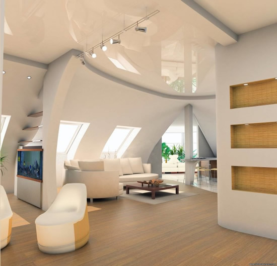 Глянцевый белый потолок в квартире студии - объединяет помещение, придавая ему больше объема