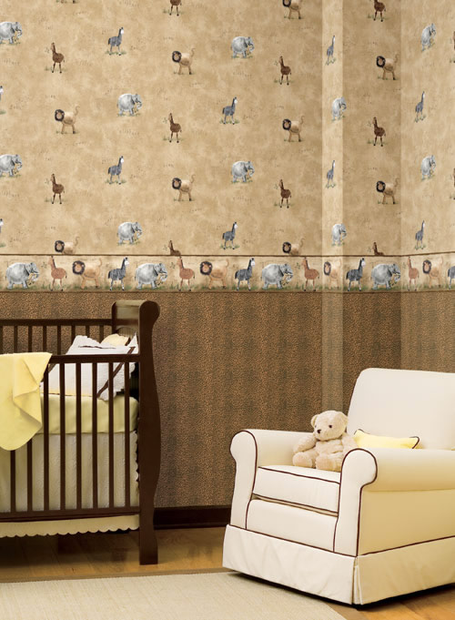 Детские обои York, коллекция York Kids, обои вверху – Safari Sidewall (KZ4205YK) и внизу - Safari Sidewall (SM8659YK), бордюр Safari Animals