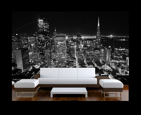 Ещё одно лаконичное сочетание интерьера и фотообоев для гостиной с использованием белого цвета