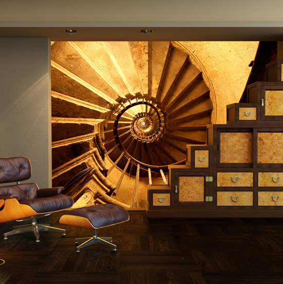 Фотообои, расширяющие, пространство - винтовая лестница. Правда, лучше бы этот рисунок был нанесен на потолок или пол (воспринимался бы логичнее - из горизонтального положения, а не вертикального)