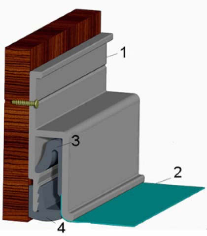 Схема крепежа: 1 − багет стеновой; 2 − полотно натяжного потолка; 3 − гарпун; 4 − маскирующая лента декоративная