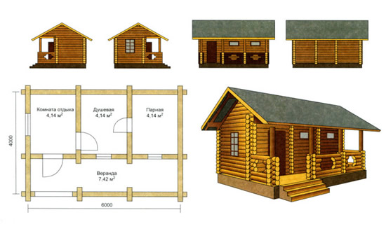 Схема 1 – Проект сруба 6х4 с верандой
