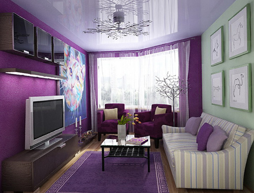 Интерьер гостиной в сиреневом цвете;