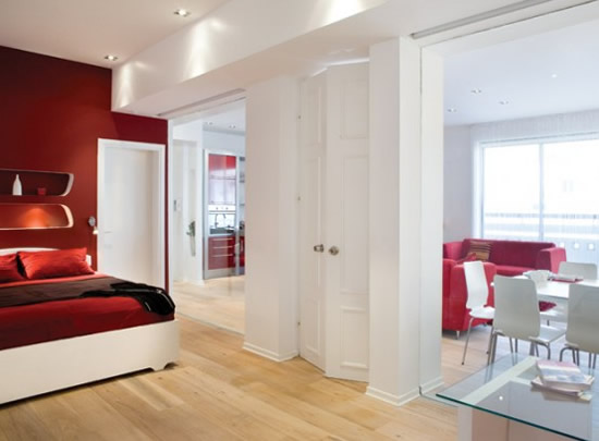 White-and-Red-Bedroom-Design-with-Dining-Room-Views