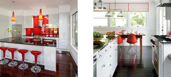 Темный пол в красно-белых интерьерах