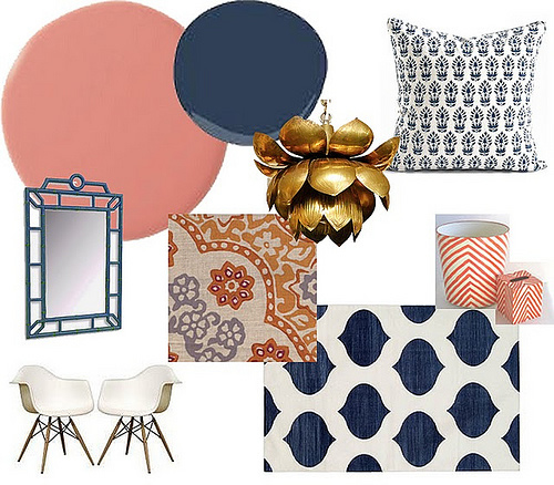 Сочетание кораллового и синего цвета в интерьере